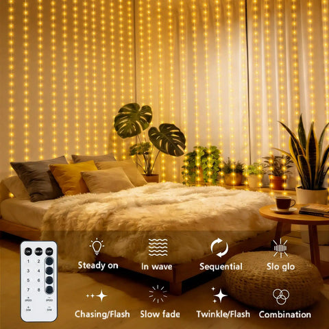 Curtain Lights Battery Operated 300 LED Fairy String Lights 9.8 Foot By 9.8 Foot Backdrop For Bedroom Wedding Indoor Decor Warm White Cordless
