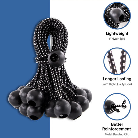 Heavy Duty Ball Bungee Cord Set 6 Inch With Nylon Ball Indoor Outdoor Tarp Tie Downs Secure And Organize Gear Black 25 Pack