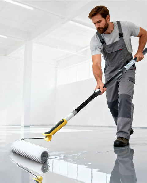 Worker using spiked roller for self leveling concrete and epoxy coatings, 9 inch epoxy roller for bubble removal and floor coating