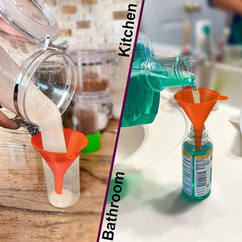 Orange Four Pack Plastic Oil Funnel Set For Auto And Kitchen Use With Shielded Tube Wide Mouth For Easy Pouring Car Oil Gas Lubricants Water Bottles And Fluid Containers used in kitchen and bathroom
