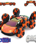 QPOU 8-Wheel orange RC stunt car with remote control and LED lights