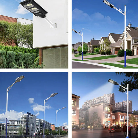 JUDYSSY Solar Lights Outdoor Led Solar Powered Motion Sensor Light mounted on wall and poles for illuminating pathways and yards.