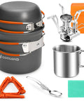 8 Piece Camping Cookware Mess Kit With Mini Backpack Stove All In One Nonstick Pots Stainless Spork Foldable 14 Oz Mug Red