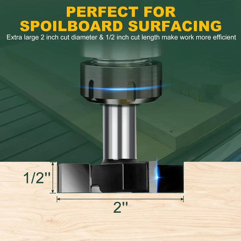 CNC Spoilboard Surfacing Router Bit With One Half Inch Shank And Two Inch Cutting Diameter, Four Wing Design, side view.