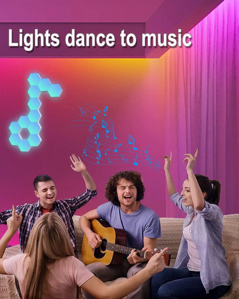 People celebrating with Hexagon LED Light Panels RGBIC Mood Lighting Kit Six Panels for party and music ambiance.