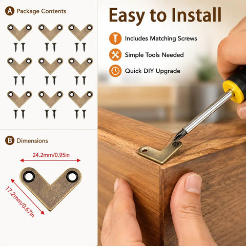 Upgrade Your DIY Builds With These 8 Piece Bronze L Shaped Corner Brackets installed on wooden furniture corner.