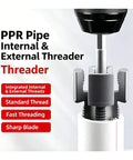 Heavy Duty Pipe Threader Kit For 1/2 And 3/4 Inch Npt Pipes With Internal External Reamer Tool showing sharp blade and integrated threads.