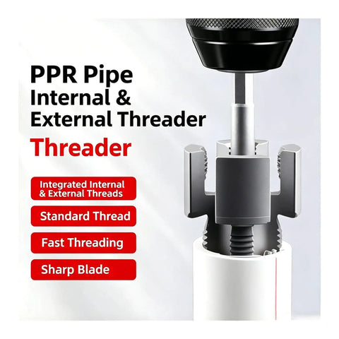 Heavy Duty Pipe Threader Kit For 1/2 And 3/4 Inch Npt Pipes With Internal External Reamer Tool showing sharp blade and integrated threads.