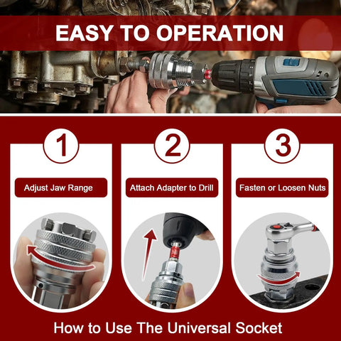 Heavy Duty Adjustable Universal Socket Wrench With Killer Non Slip Grip Fits 3/8 To 3/4 Drive Ratchet Tool in use with drill.