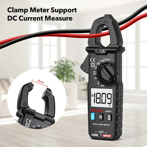 Digital Clamp Meter Multimeter with True RMS 100A 600V measuring DC current, featuring clamp detail and LCD display.