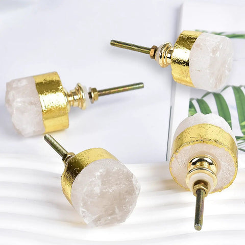 Four Pack Real Deal Natural Clear Quartz Crystal Cabinet Knobs With Gold Plated Solid Brass Base For Drawers And Dressers Smooth Everyday Premium Hardware.