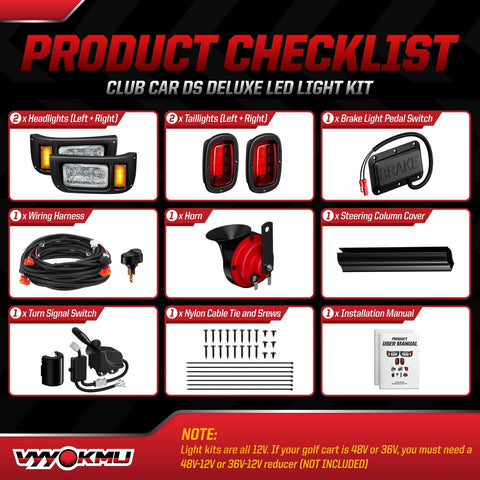 Club Car DS 12V LED Headlight And Taillight Kit For 1993 Up Gas And Electric Golf Carts Street Legal With Turn Signals Horn Brake Pad And Wire Harness checklist showing included items