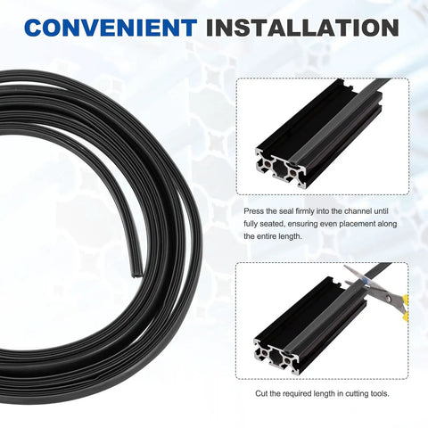 Heavy Duty Aluminum T Slot Cover Strip For 3030 And 4040 Extrusions, black seal installation guide with cutting tools.