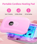 Portable cordless heating pad for period cramps with digital display, pink, showing internal circuit design and fast heating feature.