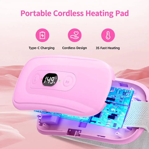 Portable cordless heating pad for period cramps with digital display, pink, showing internal circuit design and fast heating feature.