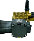 Close-up side view of 4400 PSI 4.0 GPM Horizontal Replacement Pressure Washer Pump Kit showing brass connections and SAE bolt pattern.