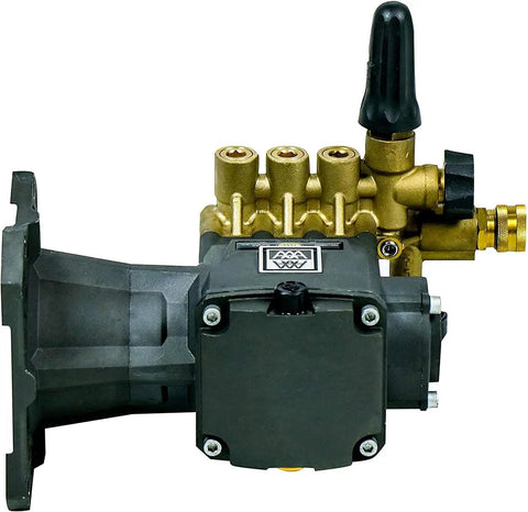 Close-up side view of 4400 PSI 4.0 GPM Horizontal Replacement Pressure Washer Pump Kit showing brass connections and SAE bolt pattern.