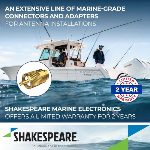 Boat with marine-grade antenna connectors and adapters, featuring Antenna Connector With UG176 Adapter For Quick, Secure Install Black Finish