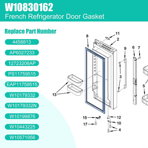 Illustration of Fridge Door Gasket Replacement For Whirlpool Kenmore KitchenAid Refrigerator Seal with parts diagram.