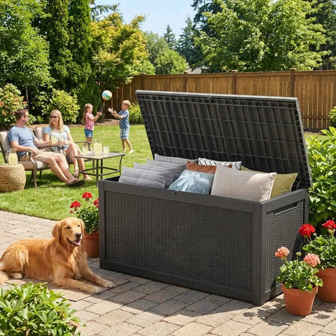 Big Ol 320 Gallon Resin Deck Box Waterproof Outdoor Storage Chest With Lockable Lid UV Resistant For Patio Furniture Pool Accessories Garden Tools Cushions And More In Black on patio with family and dog