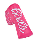 Pink Birdie Blade Putter Cover Made With Tour Grade PU Leather And Velour Lining, pink headcover with funny embroidery on pink background