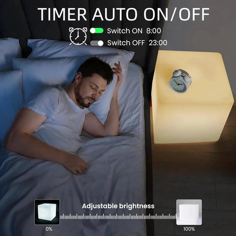 Rechargeable LED Cube Chair Light With Remote, 16 Inch Glow Cube Seat as nightstand beside bed showing timer and brightness
