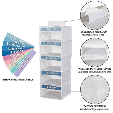 Weekly Hanging Clothes Caddy For Kids With Five Spacious Compartments For School Attire Sorting And Closet Confidence A Slick Storage Companion That Brings No Sweat Mornings To Daily Look Prep Routines