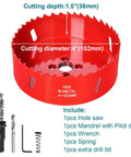 Front view of red 4-inch HSS bi-metal hole saw with pilot drill; includes mandrel, wrench, spring, extra drill bit.
