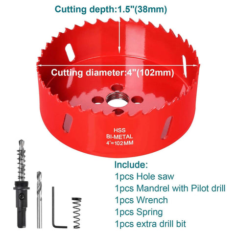 Front view of red 4-inch HSS bi-metal hole saw with pilot drill; includes mandrel, wrench, spring, extra drill bit.