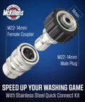 Image of M22 To Three Eighths Quick Connect Set For Pressure Washers Stainless Steel Fittings And Adapter Kit with M22-14mm female coupler and male plug for power washers.
