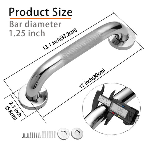 2 Pack 12 Inch 304 Stainless Steel Shower Grab Bars, Anti Slip Handicap Handrails, 1.25 Inch Diameter, Heavy Duty Bathroom Safety Rails
