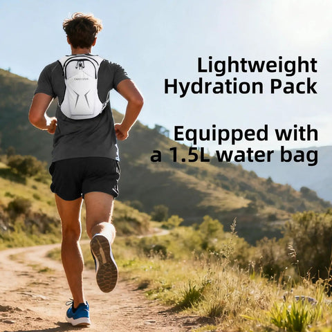 Runner wearing lightweight hydration backpack for running and hiking with 1.5L water reservoir on a trail