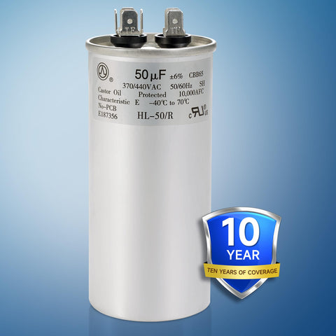 50uF 440V AC Round Start Capacitor For Heat Pumps And Air Conditioners, 370V Or 440V Compatible, CBB65, Ten Year Coverage
