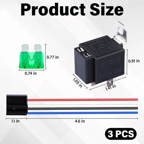 3 Piece 12V Fuse Relay Harness Set With Built In 30A Blade Fuse, 4 Pin SPST Automotive Relays, Heavy Duty 14 AWG Wiring Kit