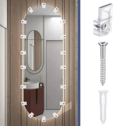 32 Pack Slick Clear Plastic Mirror Clips With Rock Solid Rust Resistant Metal Screws Frameless Glass Mounting Hardware For Wall Cabinet Door And Picture Frames Straight Up Easy Install with mirror and screws.