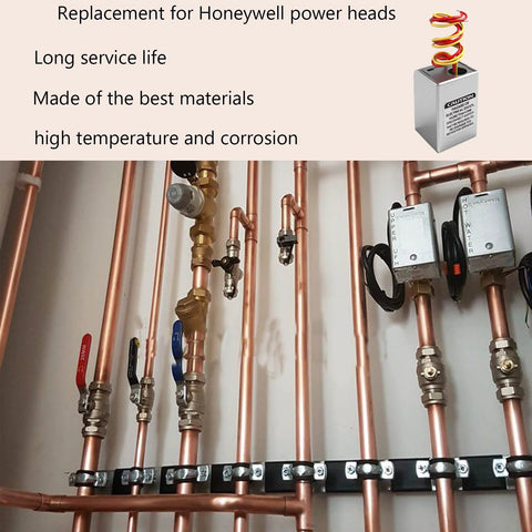 Copper plumbing manifold with vertical pipes, red and blue valve handles, and electrical control boxes.