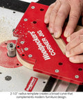 Heavy Duty Cast Aluminum Router Corner Jig And Chamfer Template Set With Six Precise Guides aligning on router table for precise corner cuts.