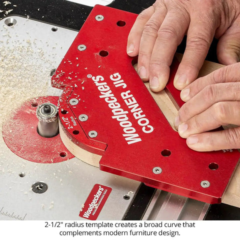 Heavy Duty Cast Aluminum Router Corner Jig And Chamfer Template Set With Six Precise Guides aligning on router table for precise corner cuts.