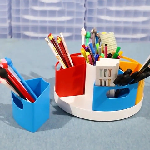 Must Have Rotating Desk Organizer With Six Compartments For Pens And Art Supplies, Large Capacity Desktop Holder, 360 Degree Spin Access For Brushes Pencils Markers And Metallic Pens, Lightweight Durable Office Desk Organizer, 6-compartment plastic desk caddy with pens and pencils