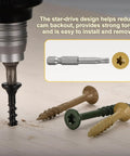 Tan Deck Screws 9x1.25 Inch 100 Pack For Decks Fences Frames Outdoor Furniture Pro Grade Carbon Steel Epoxy Coated With Torx T25 Bit Type 17 Point Heavy Duty Wood Screws For DIY Projects with star-drive design close-up