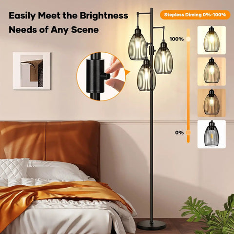 Dimmable Farmhouse Industrial Floor Lamp With Teardrop Cage Includes 3 X 800LM LED Edison Bulbs Tall Tree Style in bedroom