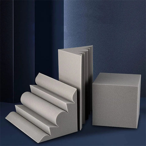 Flat Out Silent Acoustic Foam Panels For Walls And Ceilings That Squash Echo And Reverb With Tackable Surface, showing gray wedge and cube shapes.