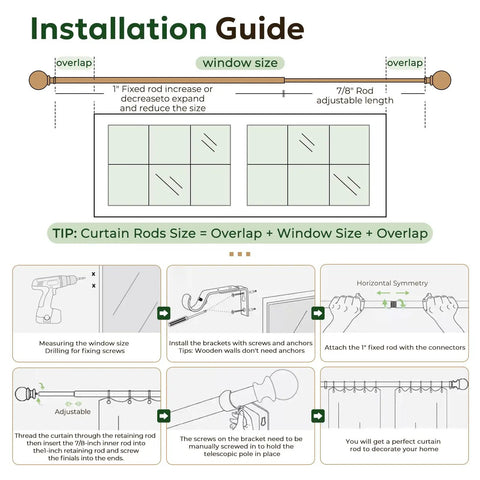 Installation guide for Wood Curtain Rod 1 Inch Rugged Heavy Duty Drapery Rod With Imitation Wood Grain Leaf Pattern Finials