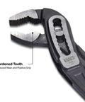 Close-up of 3-Piece Classic Klaw Pump Pliers hardened teeth, V-jaw design, for maximum torque and solid grip. Built tough for DIYers and pros.