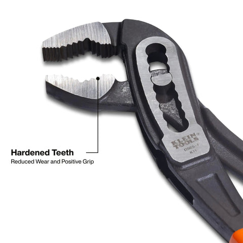 Close-up of 3-Piece Classic Klaw Pump Pliers hardened teeth, V-jaw design, for maximum torque and solid grip. Built tough for DIYers and pros.