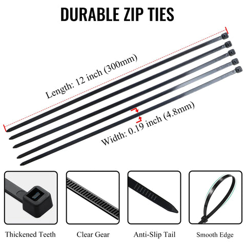Heavy Duty 12 Inch Zip Ties 1000 Pack Black Self Locking Nylon Cable Ties For Indoor And Outdoor Use Up To 50 Lb Tensile Strength UV Resistant