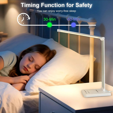 Sleeping child next to Dimmable LED Desk Lamp With USB Port, 52 Eye Friendly LEDs, 5 Brightness Levels And 5 Lighting Modes.