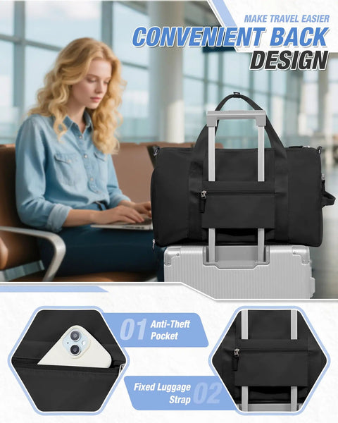 Woman sitting beside Gym Travel Duffle Bag For Women And Men, Lightweight Carry On Size 18x14x8, on suitcase handle