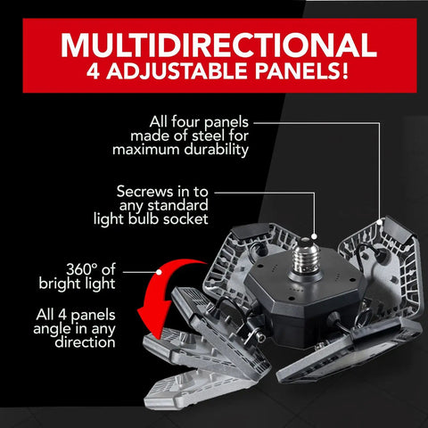 QuadBurst LED Ceiling Light With 4 Adjustable Aluminum Panels 80W 5500 Lumens High Brightness LED Shop Light showing adjustable panels