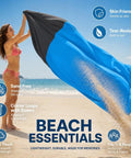 Woman holding Sandproof Waterproof Beach Blanket, Extra Large 79x55 Inch Outdoor Mat For 1-4 Adults, on sunny beach.